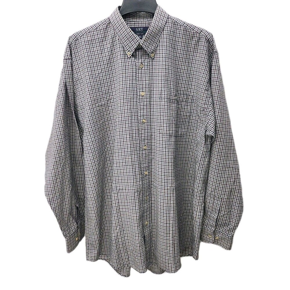 SRT Easy Care Button Up Shirt Mens XLT Tall Blue Red Tan Tattersall Plaid Preppy